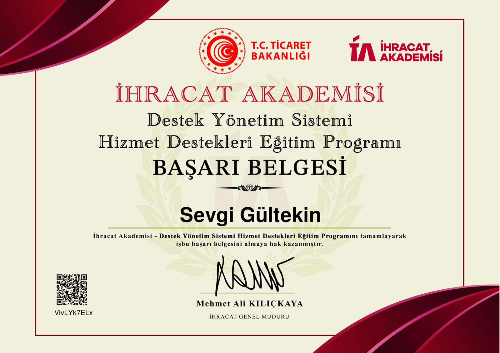 Sevgi Gültekin — T.C. Ticaret Bakanlığı İhracat Akademisi, Destek Yönetim Sistemi (DYS) Hizmet Destekleri Eğitim Programı Başarı Belgesi